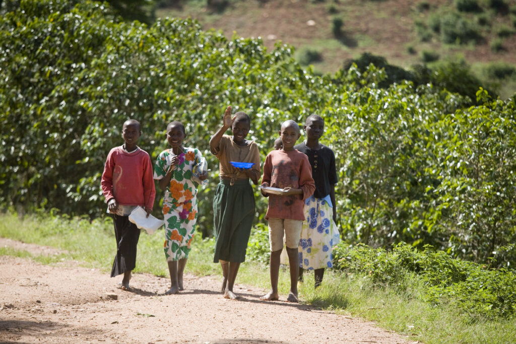 Group of African children walking together on a rural path surrounded by greenery.